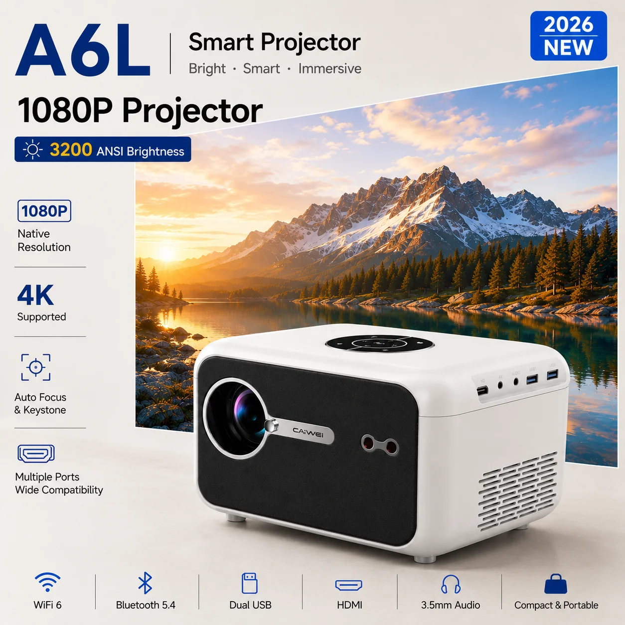 Smart Home Youtube - Projecteur intelligent A6L 3200ANSI avec prise